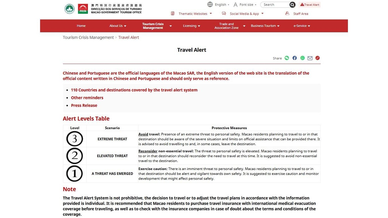 Macao Special Administrative Region adjusts issuance of travel alerts