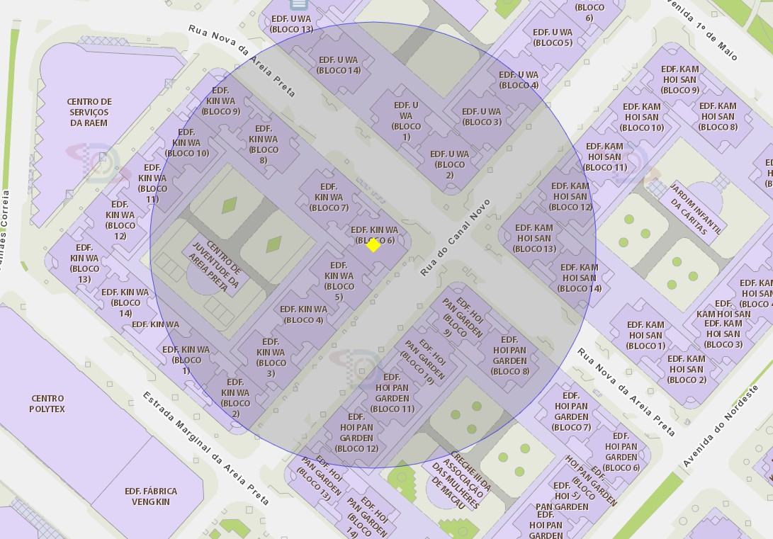 A área de risco com um raio de 100 metros, delimita o Bloco 6 do Edifício Kin Wa, situado na Rua do Canal Novo
