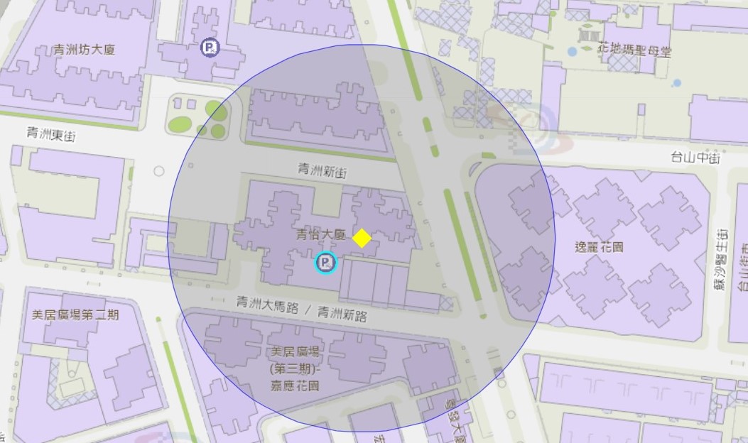 青怡大廈（第二座）附近風險區域100米半徑範圍
