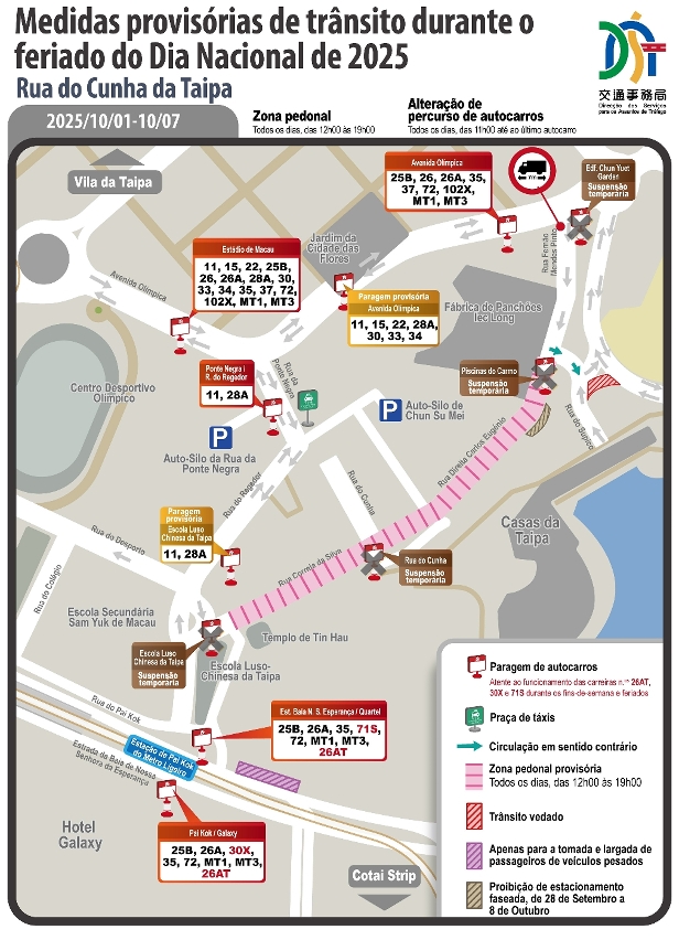 Medidas provisórias de trânsito na rua do cunha da taipa durante o feriado do dia nacional de 2025