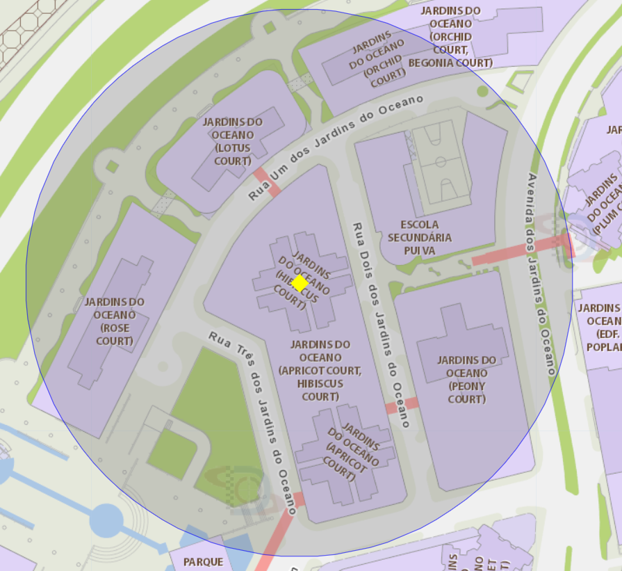 A área de risco com um raio de 100 metros, delimita os Jardins do Oceano (Apricot Court) da Taipa