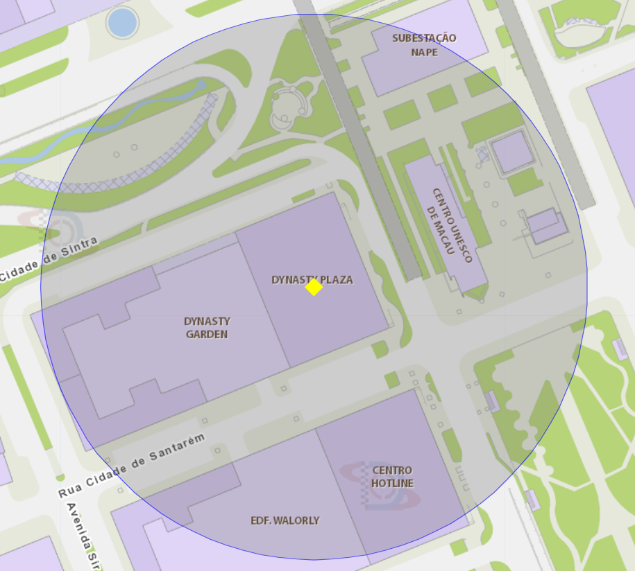 A área de risco com um raio de 100 metros, delimita o Edifício Dynasty Plaza