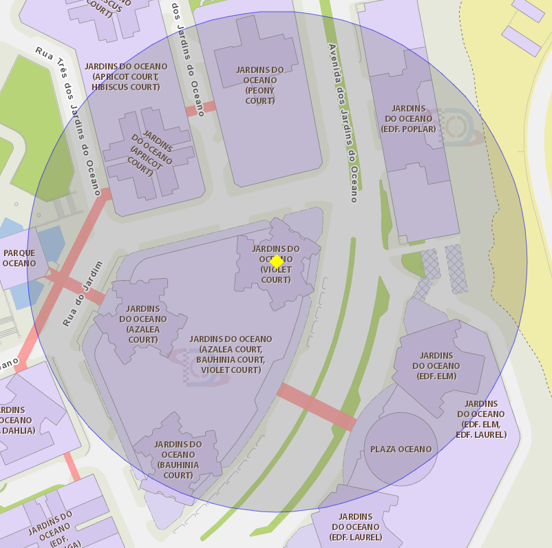 A área de um raio de 100 metros ao redor do Edifício dos Jardins do Oceano “Violet Court” da Taipa está delimitada como zona de risco