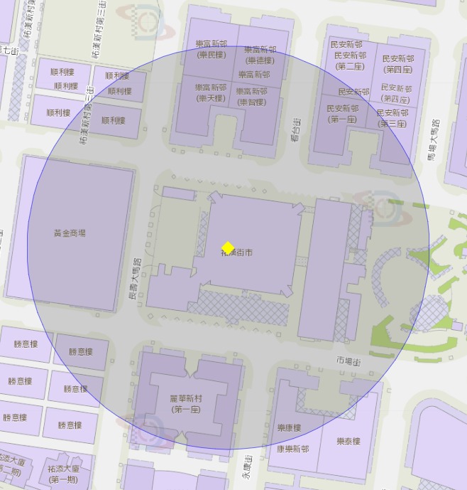 佑汉街市附近风险区域100米半径范围