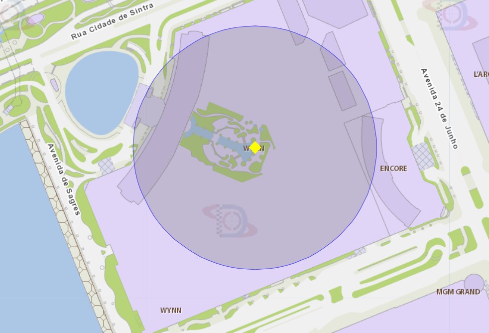 3. A área de um raio de 100 metros ao redor do wynn macau, está delimitada como zona de risco