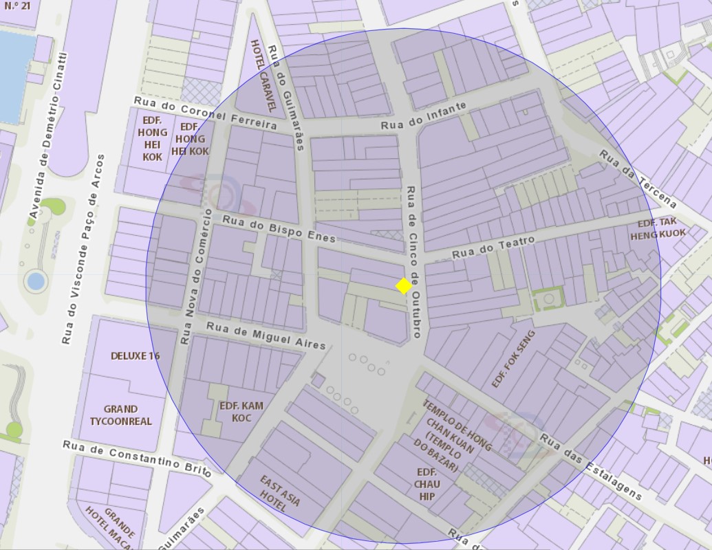 área de risco, com um raio de 100 metros perto do edifício kok kong, sito na rua de cinco de outubro no. 108