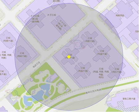 哥英布拉街60號花城（利厚大廈）附近風險區域100米半徑範圍