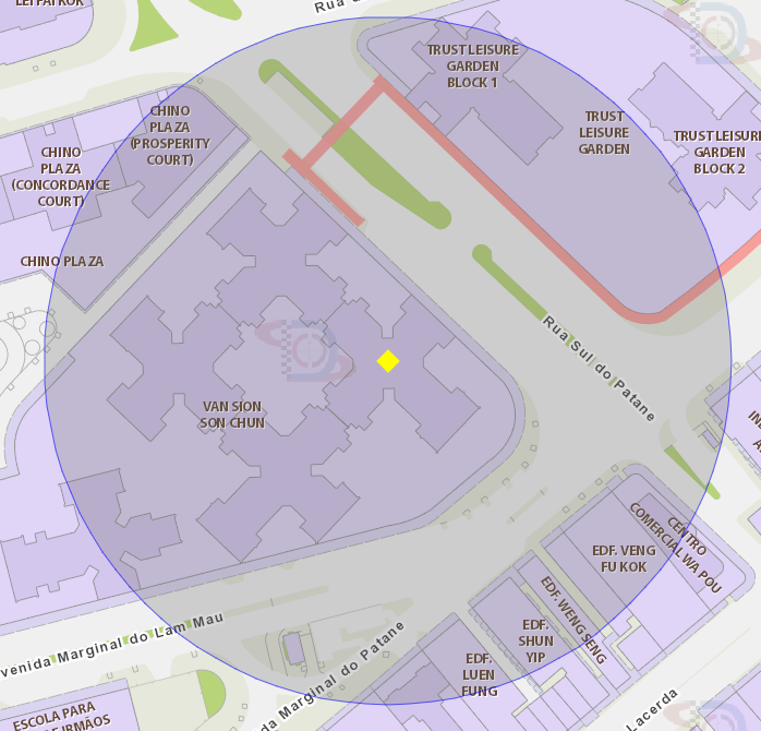 A área de risco com um raio de 100 metros, delimita o Edifício Van Sion Son Chun (Bloco D), localizado na Rua Sul do Patane, n.º 121
