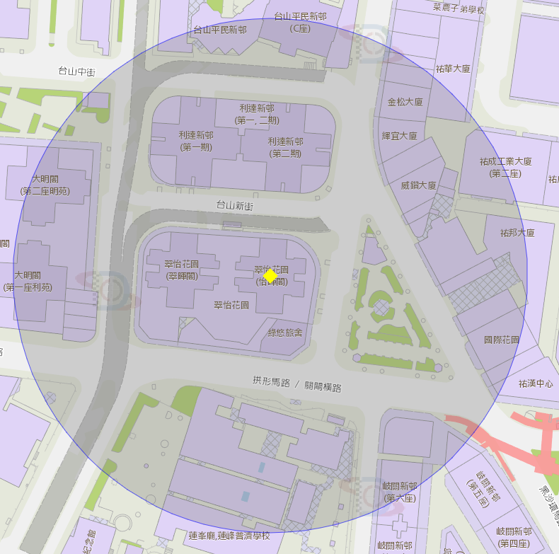 亞馬喇土腰  關閘馬路翠怡花園（怡暉閣）附近風險區域100米半徑範圍