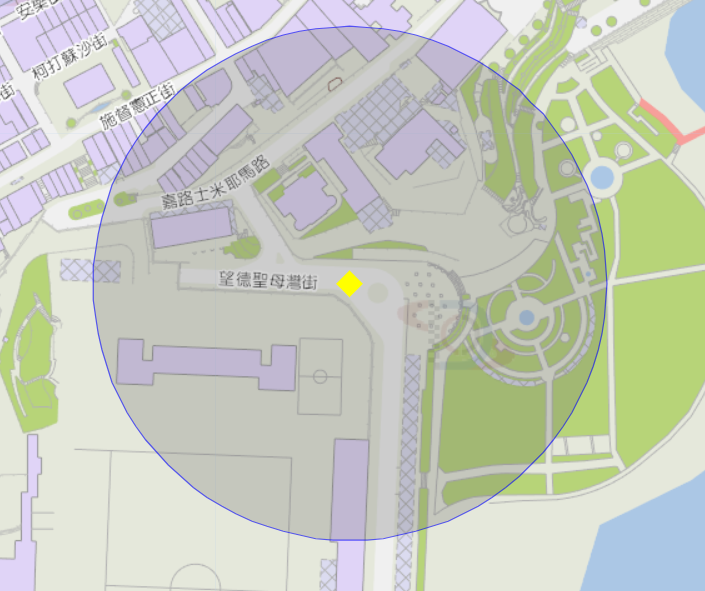 嘉模圣母教堂及邻近步行路径风险区域100米半径范围