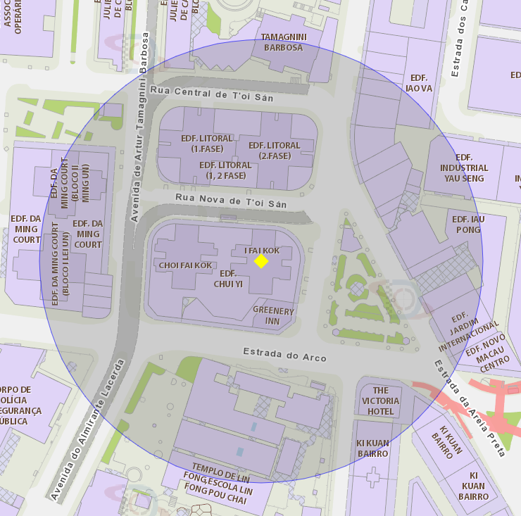 A área de risco com um raio de 100 metros, delimita o Edifício Chui Yi (I Fai Kok), situado no Istmo de Ferreira do Amaral