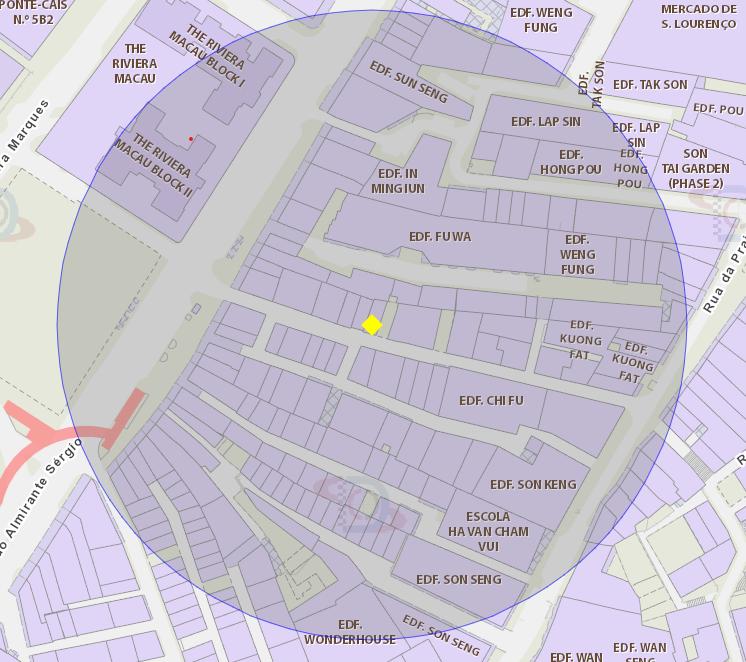 Zona de risco com raio de 100 metros nas proximidades do Edifício Van Pak Court, na Travessa dos Vendilhões da Rua do Almirante Sérgio