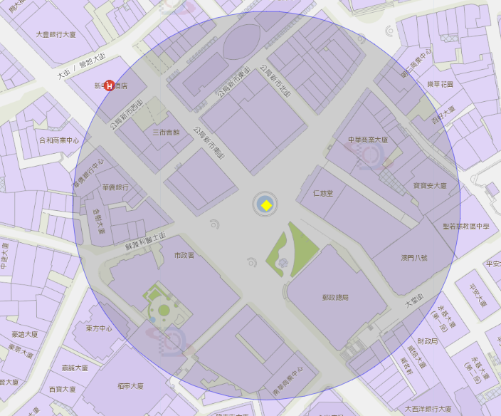 议事亭前地附近风险区域100米半径范围