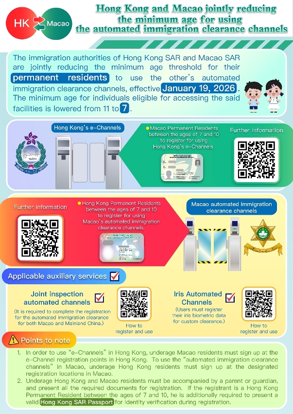 Hong Kong and Macao jointly reducing the minimum age for using the automated immigration clearance channels