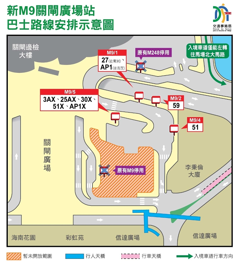 新M9关闸广场站巴士路线安排示意图