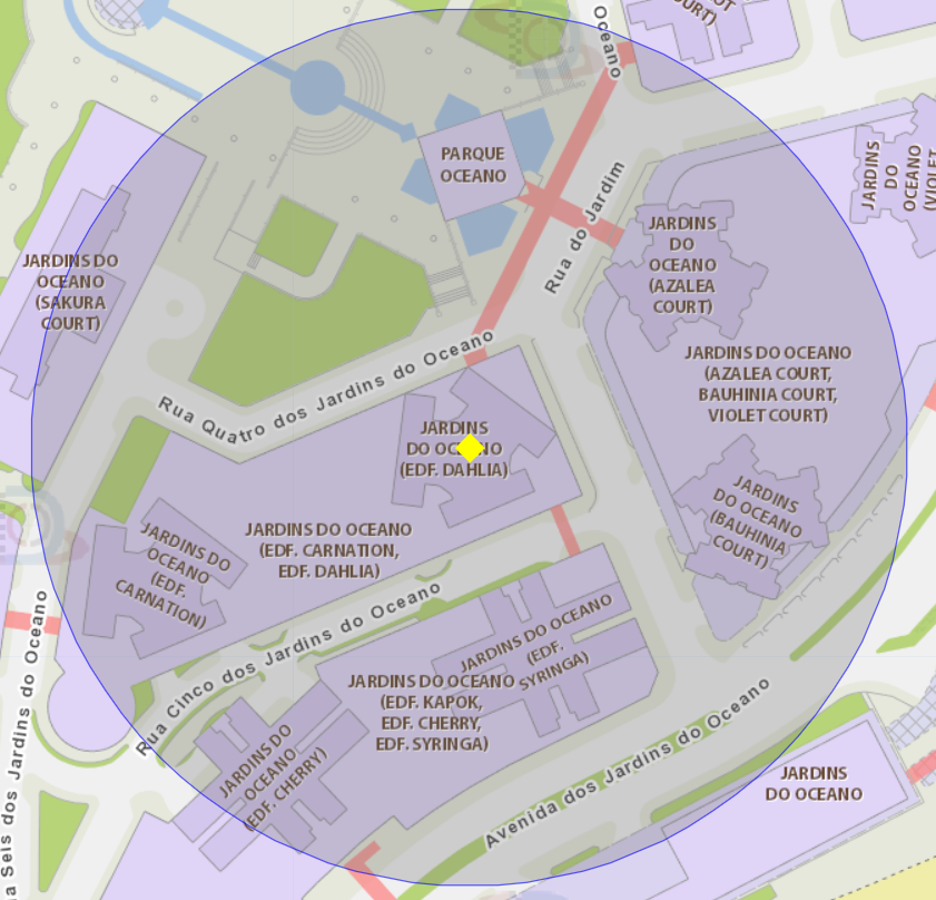 zona de risco com raio de 100 metros nas proximidades do Edifício Dahlia, nos Jardins do Oceano, na Ilha da Taipa.