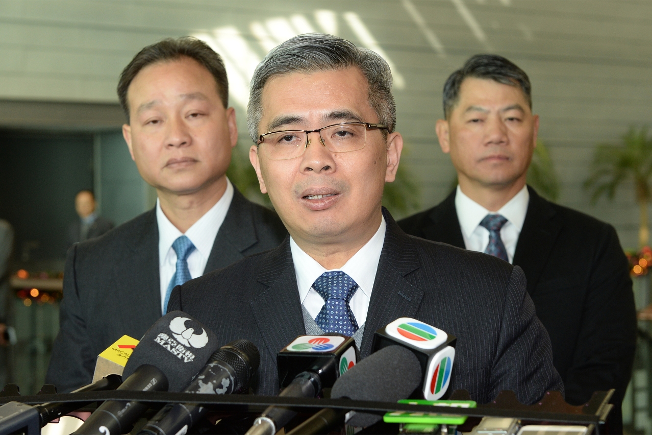 The Secretary for Security, Mr Wong Sio Chak, speaks to reporters.