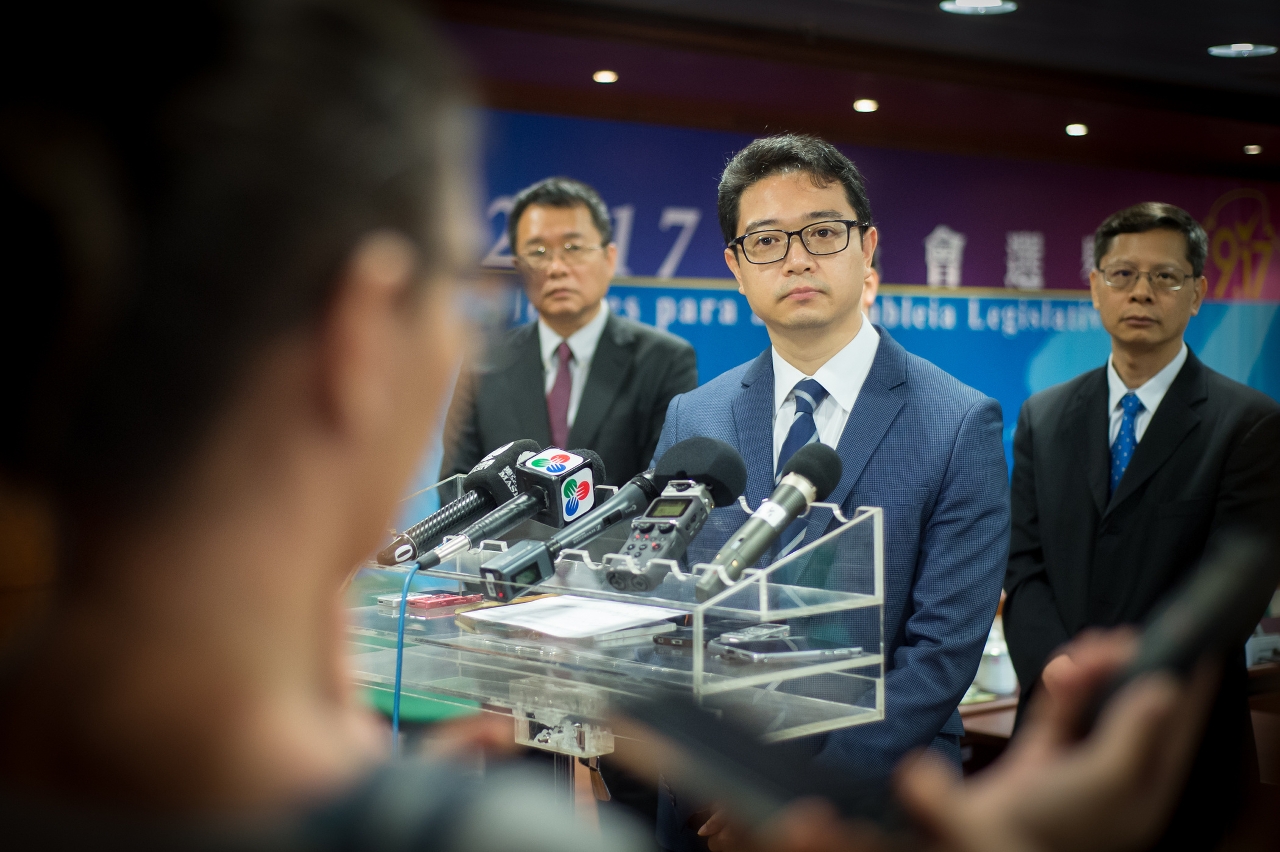 The Chairman of the Electoral Affairs Commission for the Legislative Assembly Election, Mr Tong Hio Fong, speaks to reporters.