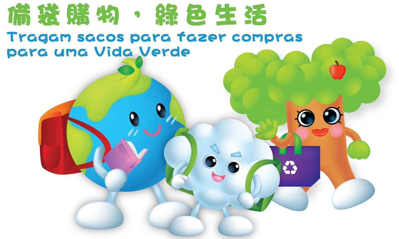 As mascotes da DSPA promovem o uso de sacos ecológicos ou mochilas na aquisição de livros