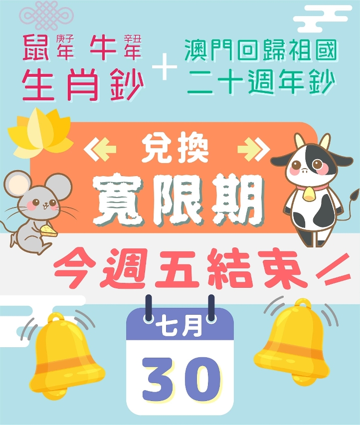 兌換鼠年、牛年生肖鈔及澳門回歸祖國20週年鈔的寬限期將於今週五結束
