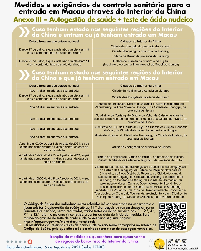 Medidas e exigências de controlo sanitário para a entrada em Macau de indivíduos de diferentes identidades.