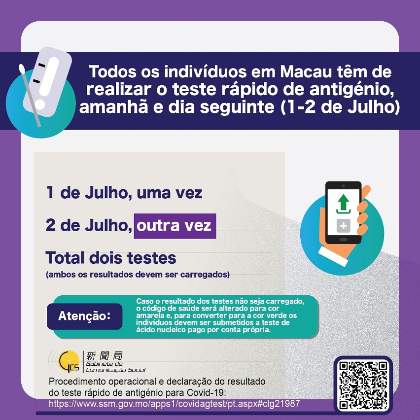 todos os indivíduos em macau têm de realizar o teste rápido de antigénio, amanhã e dia seguinte (1-2 de julho)