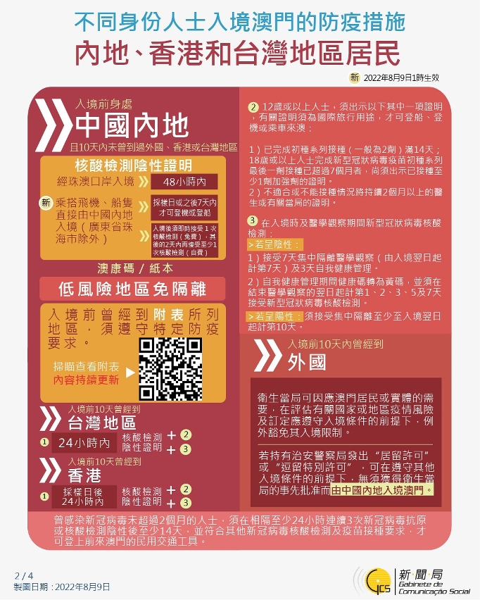不同身份人士入境澳門的防疫措施