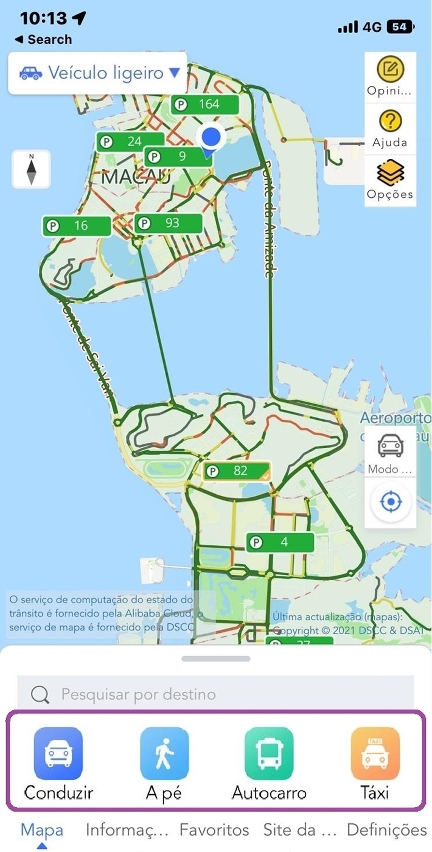 disponibilizada a função da deslocação via autocarro, taxi, carro e a pé