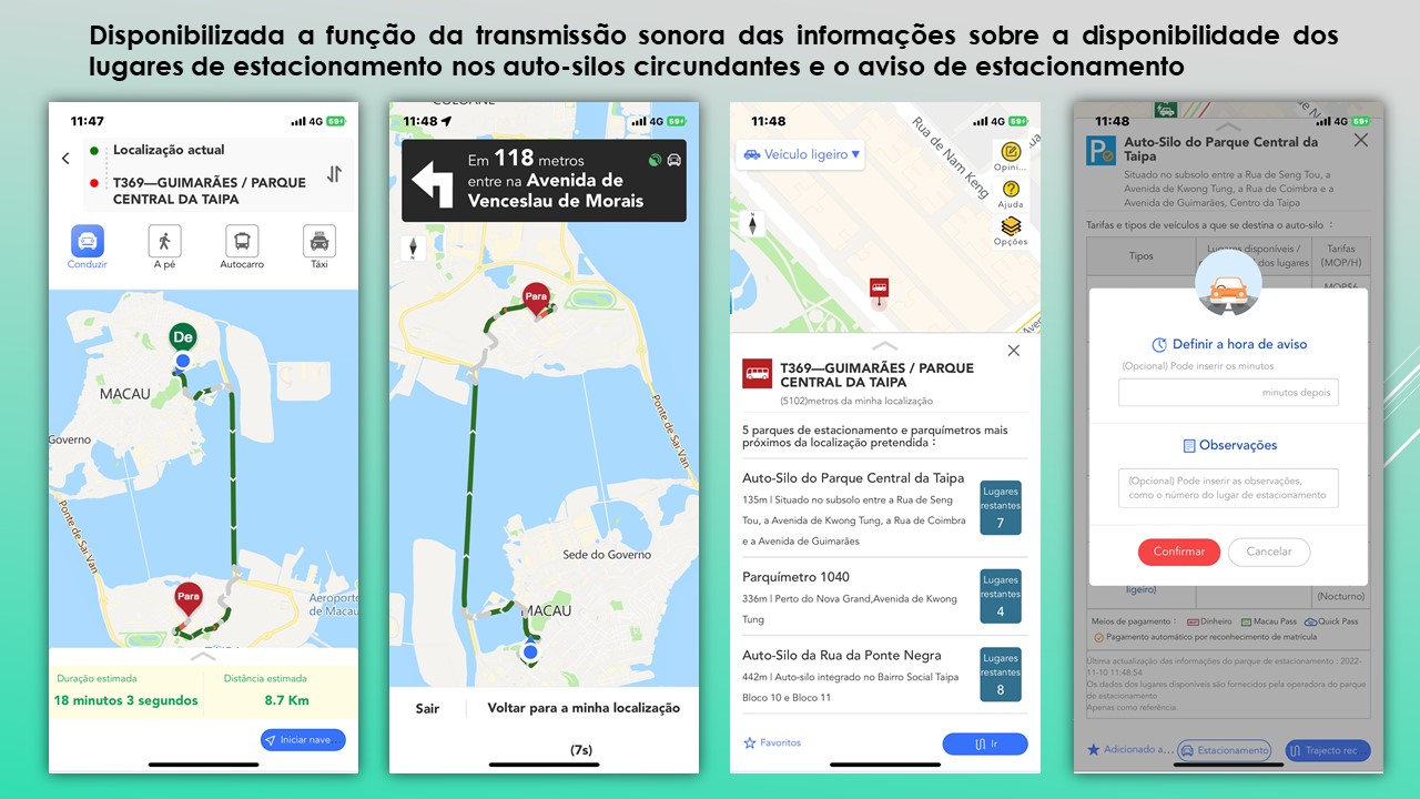 disponibilizada a função da transmissão sonora das informações sobre a disponibilidade dos lugares de estacionamento nos auto-silos circundantes e o aviso de estacionamento