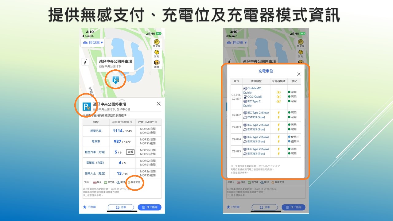 提供無感支付、充電位及充電器模式資訊。