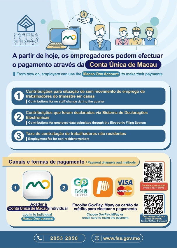 Cartaz sobre a efectuação de pagamento pelos empregadores através da “Conta Única de Macau”