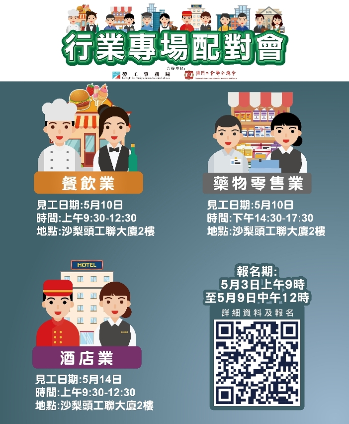 勞工局5月中旬舉辦3場配對會共提供209個職缺