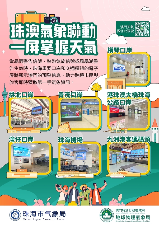 澳門暴雨、熱帶氣旋及風暴潮預警信息將在珠海主要口岸電子屏顯示