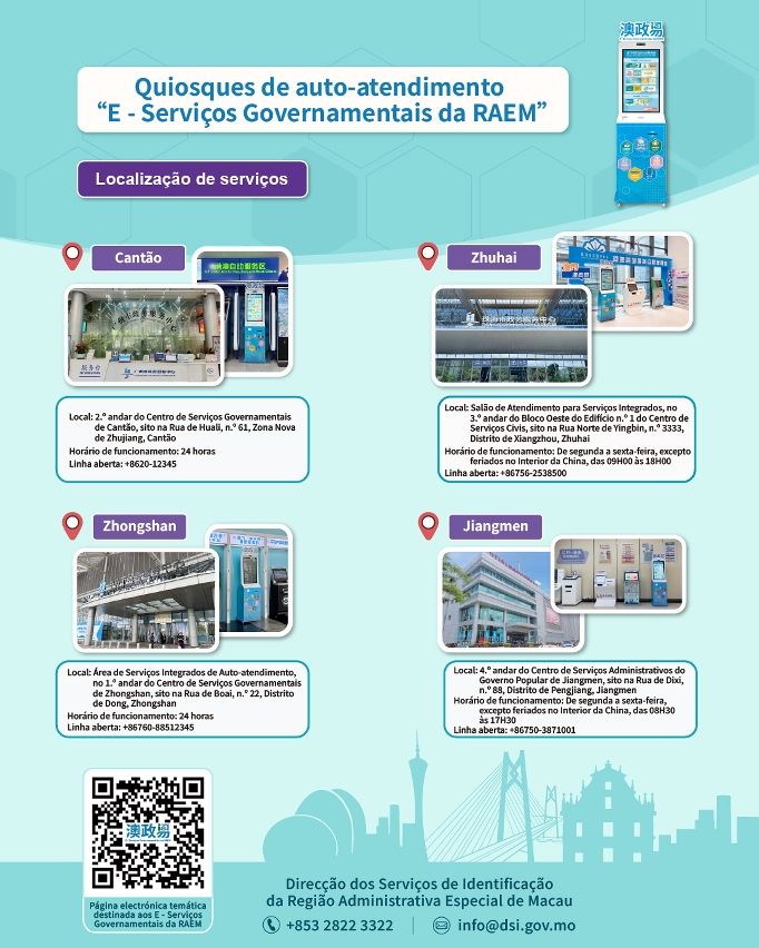 Infografia – Localização de quiosques de auto-atendimento “E - Serviços Governamentais da RAEM” nas quatro cidades da Grande Baía
