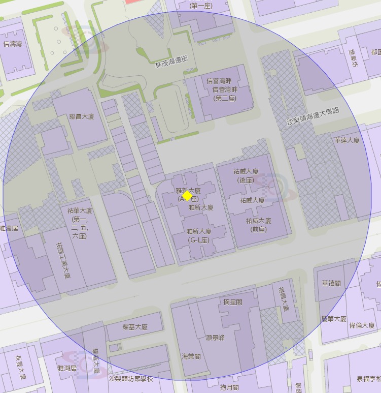 雅新大廈第一座附近風險區域100米半徑範圍