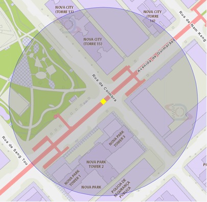 A área de um raio de 100 metros ao redor da travessia pedonal ao longo da avenida de guimarães está delimitada como zona de risco