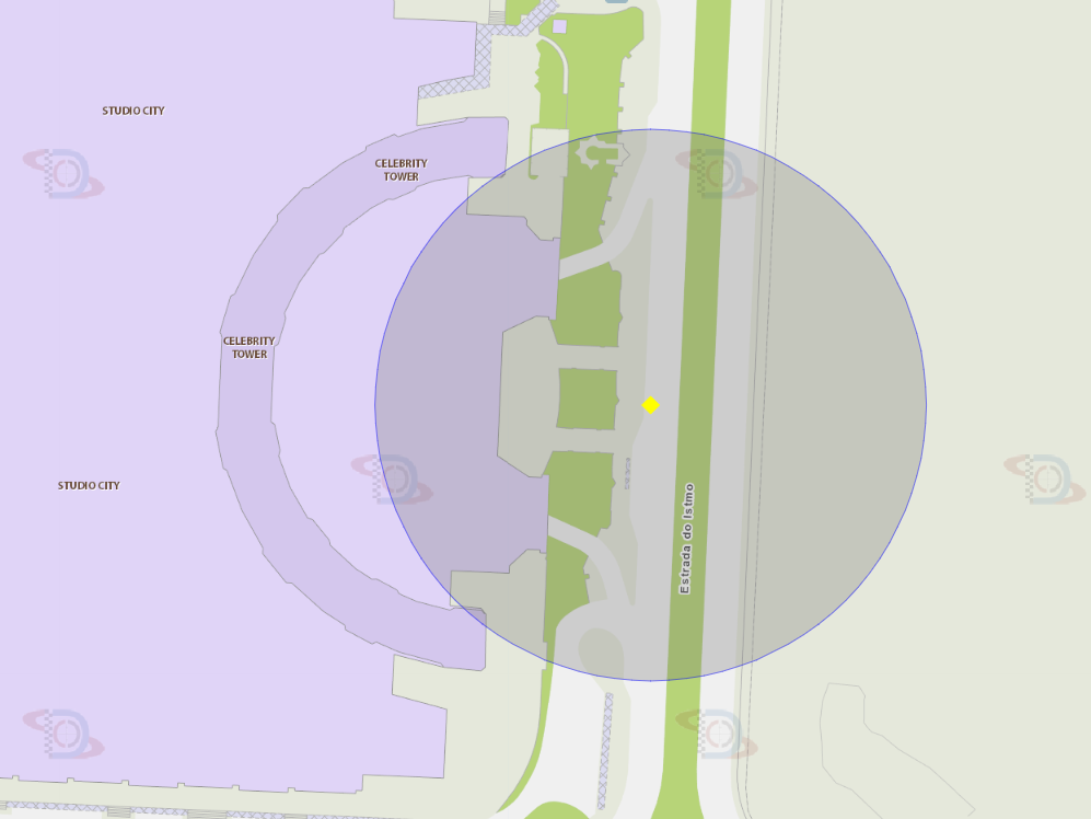 Zona de risco com um raio de 100 metros nas proximidades da Paragem de autocarros do Studio City