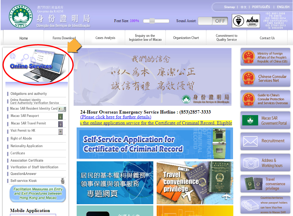 DSI “Online Services” Zone (Desktop website)