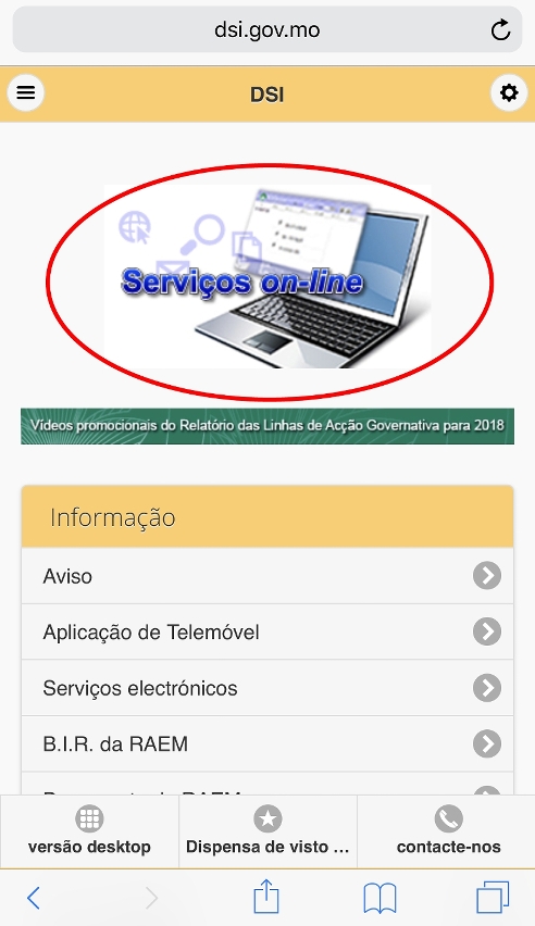 Coluna “Serviços on-line”da DSI (Página na versão telemóvel)