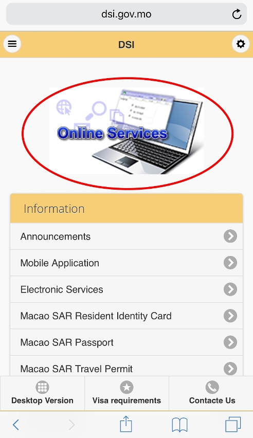 DSI “Online Services” Zone (Mobile website)