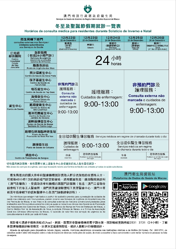 冬至及聖誕節假期就診一覽表
