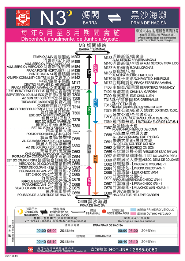 N3夜間巴士路線6月至8月路線指南