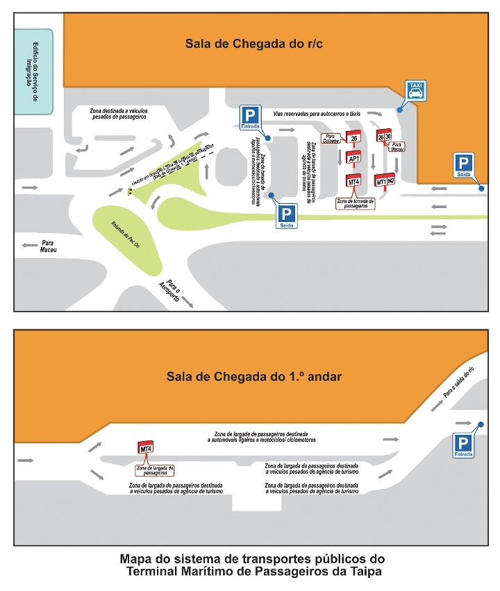 Mapa do sistema de transportes públicos do Terminal Marítimo de Passageiros da Taipa