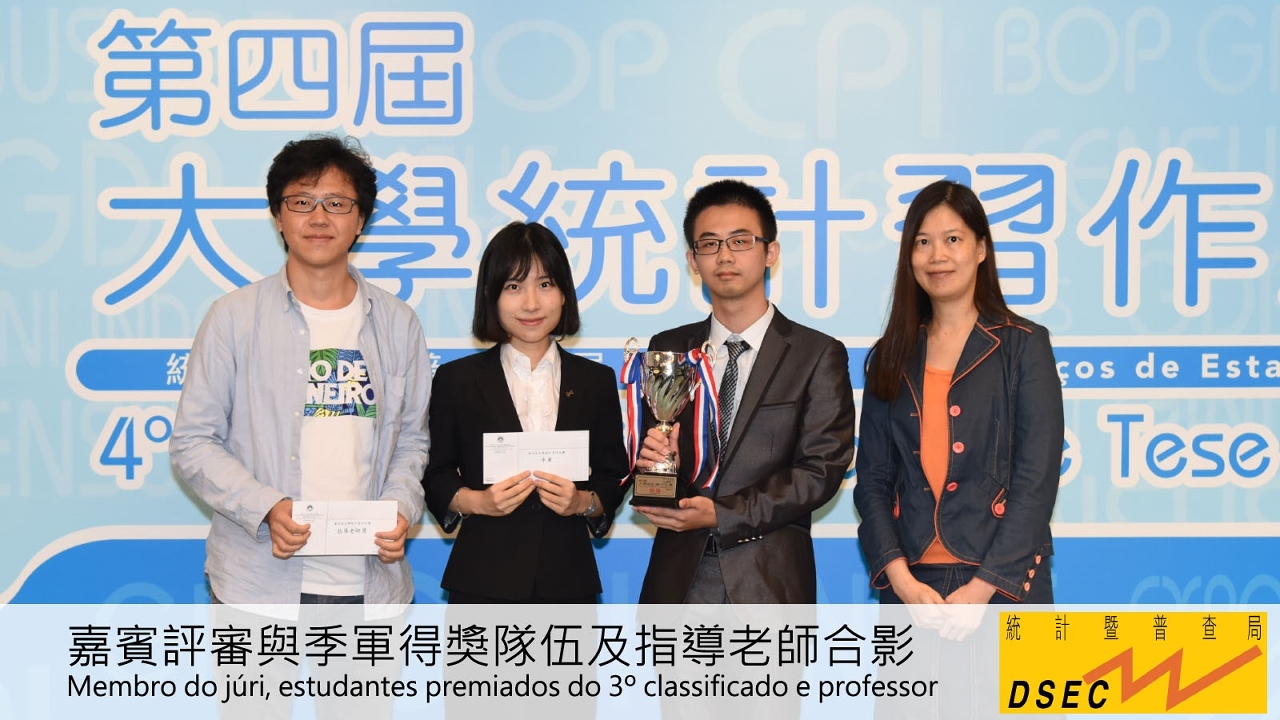 The winning students of the 2016 University Students’ Statistical Project Competition of Macao and Prof Liu Zhi (1st from left)