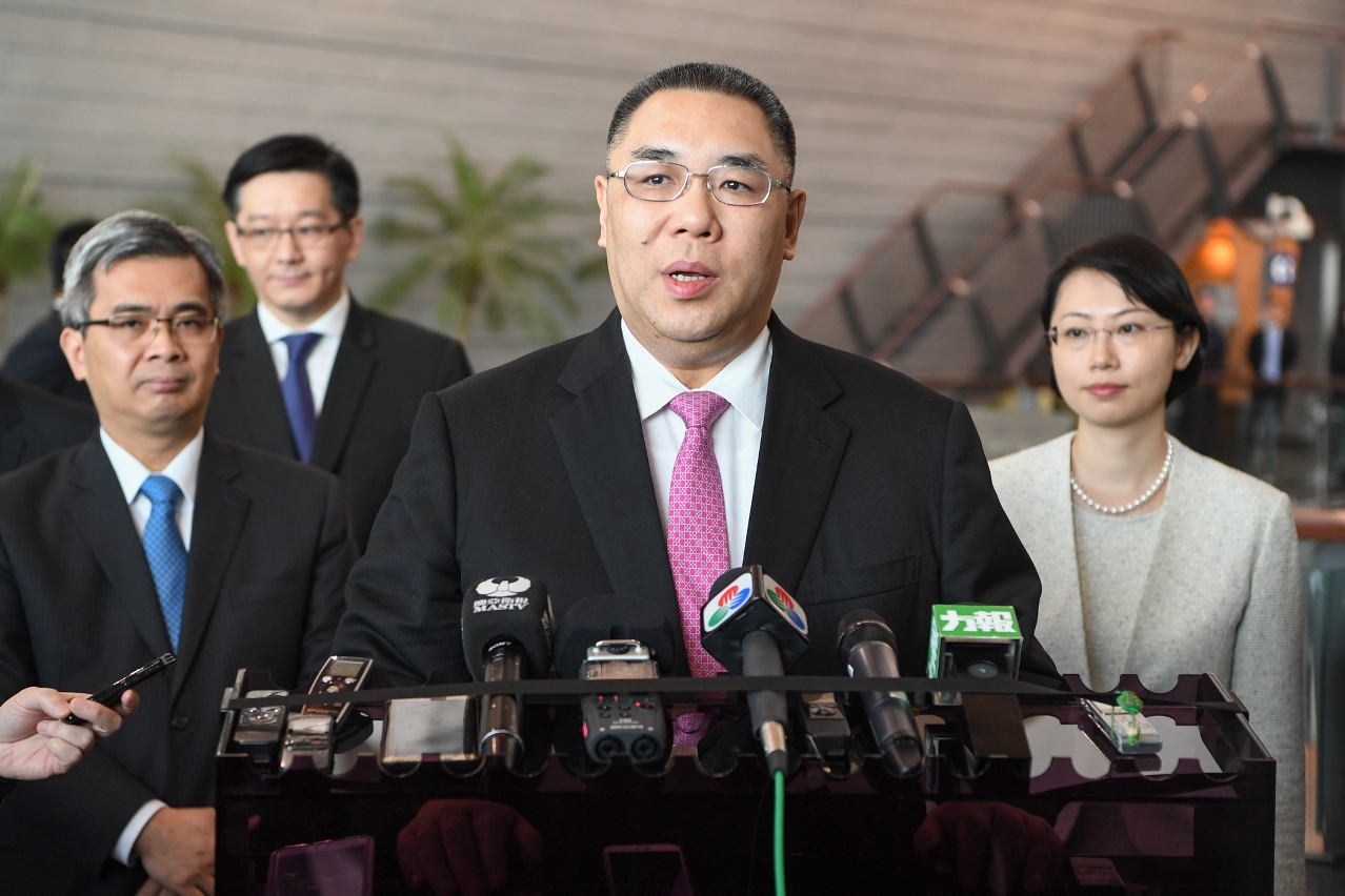 The Chief Executive, Mr Chui Sai On, speaks to reporters.