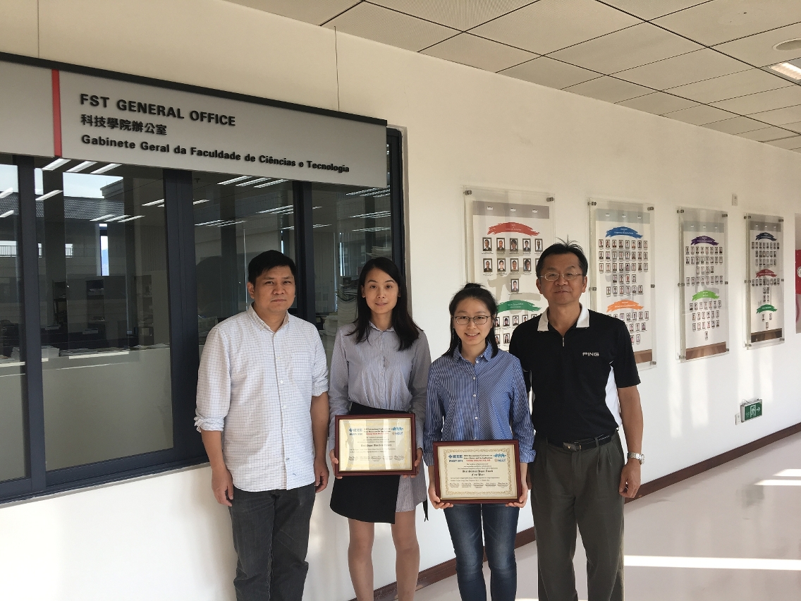 (From left) Dr Chen Long, UM students Guo Li and Wu Yingwen, and Prof Philip Chen