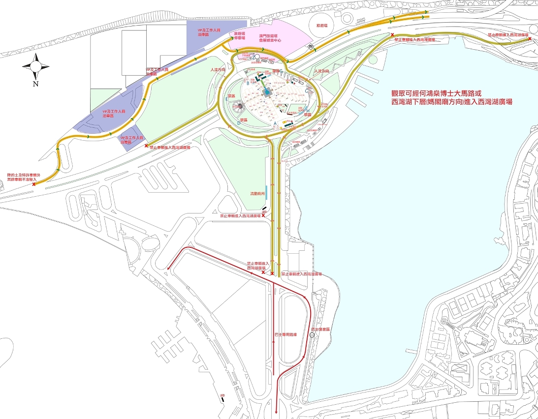 西灣湖廣場一帶人流方向示意圖