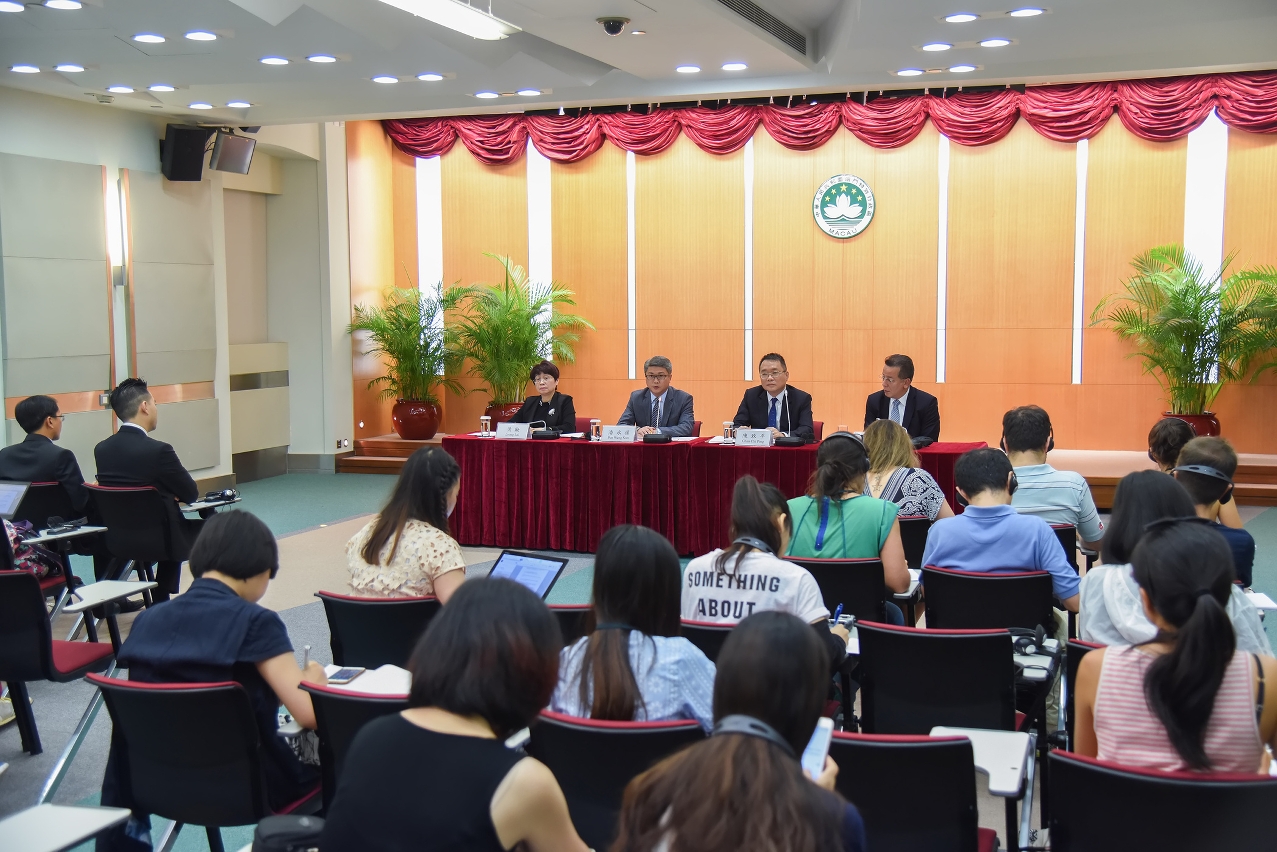 Officials of the Office of the Government Spokesperson at a press conference giving more details on the planned visit to Macao of gold medallists from the Chinese national team that was sent to the Rio 2016 Olympic Games.