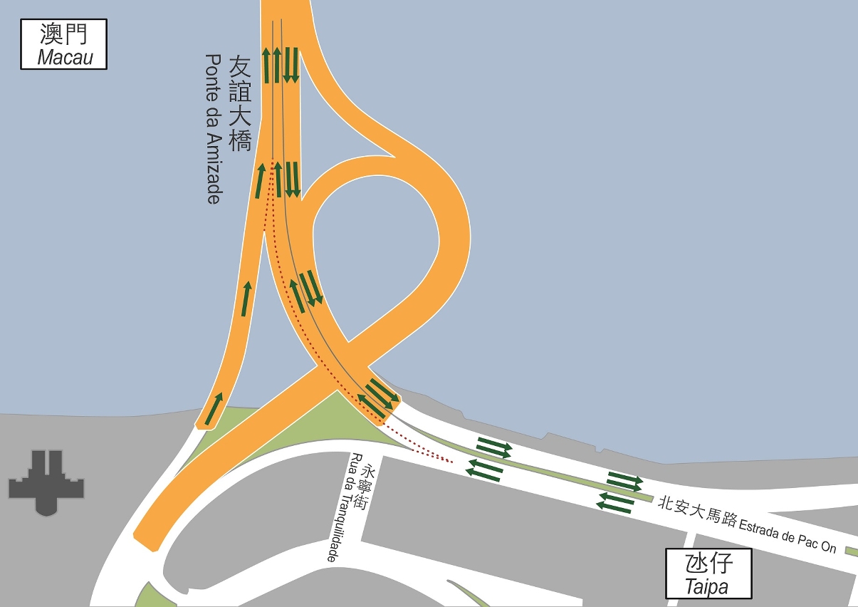 Esquema sobre o condicionamento de circulação da Ponte da Amizade da Taipa em direcção a Macau