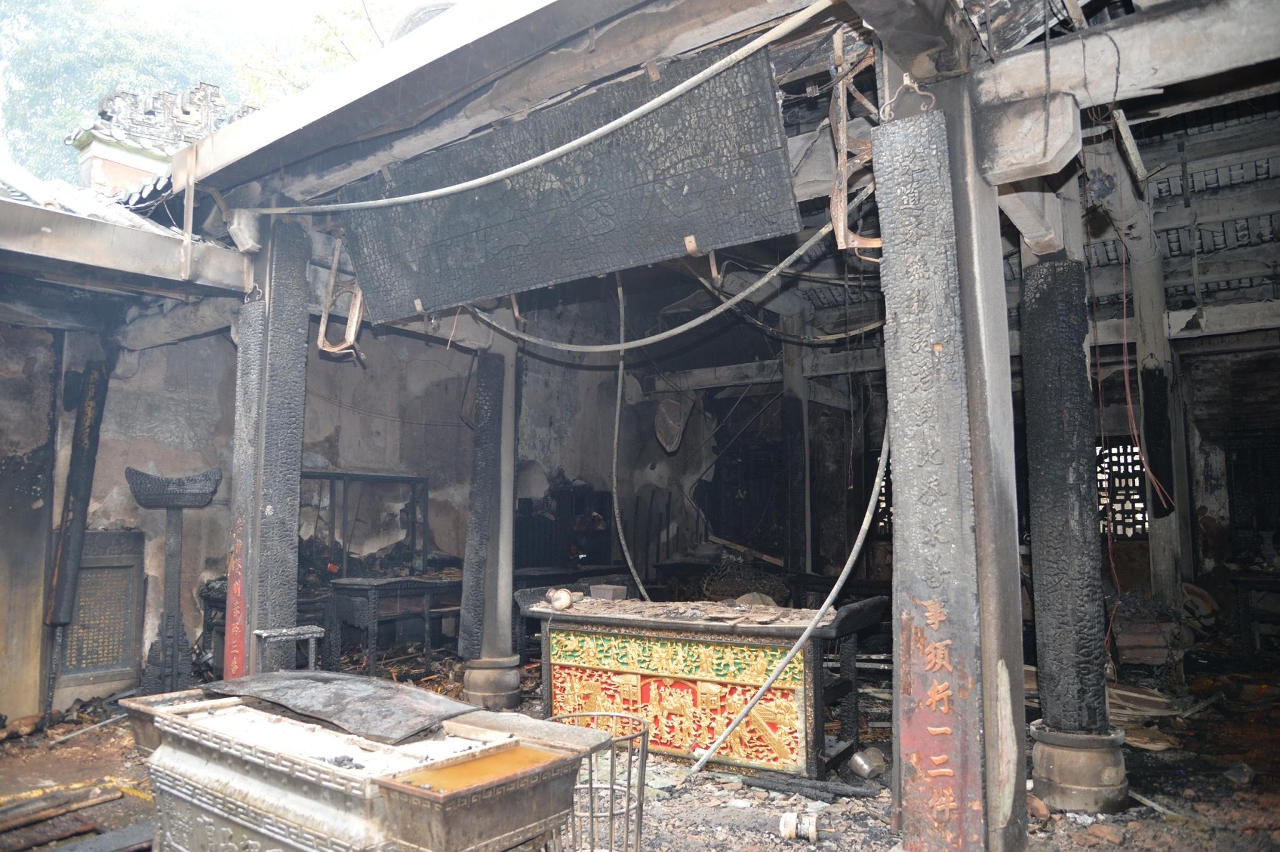 The A-Ma Temple pavilion damaged by Wednesday’s fire.